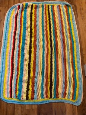 Hand Crafted Bright Multicolor Striped Crochet Throw 33X49